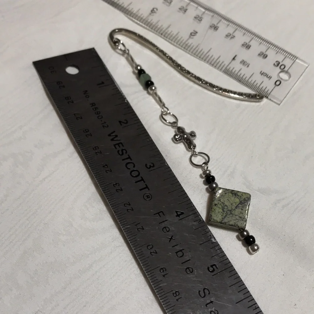 Metal Shepherds Hook Bkmk w/Gemstone Beads, Glass Seed Beads, & Metal Cross Bead